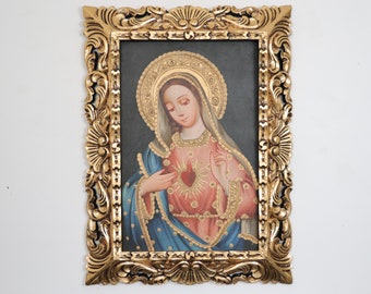 Cusco Painting with Frame "Sacred Heart of Mary" - Religious Art - Decoration - Cusco School - Religious Painting 831