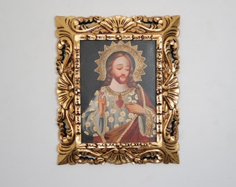 Cuzco Painting with Frame "Sacred Heart" - Religious Art - Interior Decoration - Cusco School - Religious Painting 644