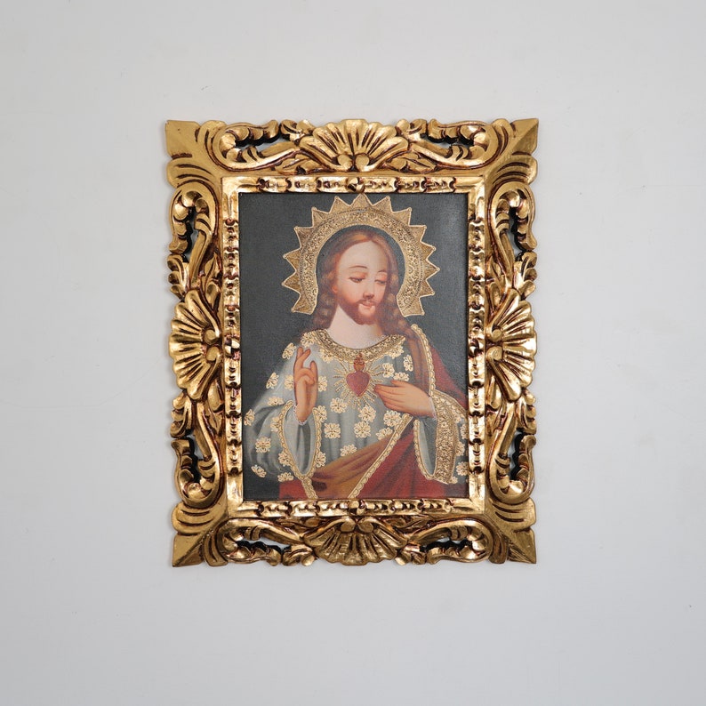 Cuzco Painting with Frame Sacred Heart Religious Art Interior Decoration Cusco School Religious Painting 644 image 1