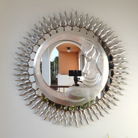 Spiegel Sonne und Mond 78cm Silber -Innendekoration - Wandspiegel - Wohndekoration - Dekorative Spiegel - Peruanisches Kunsthandwerk