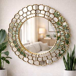 Peruvian Gold Honeycomb Mirror 60 cm Handmade Wall Decor – Carved Wood Round Geometric Statement Mirror for Living Room Bathroom