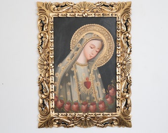 Cusco Painting with Frame "Sacred Heart of Mary" - Religious Art - Decoration - Cusco School - Religious Painting 832