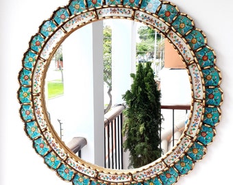 Round New Turquoise and Gold Mirror 60cm – Boho Sunburst Wall Mirror – Handmade Peruvian Mirror – Decorative Statement Mirror