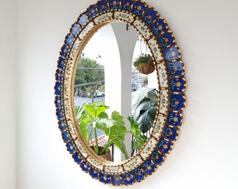 Hermosa Mirror 70cm Oval Blue Gold -Interior Decoration - Wall Mirror - Home Decoration - Decorative Mirrors - Peruvian Crafts