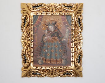 Cuzco Painting with Frame "Virgen Spinner" - Religious Art - Interior Decoration - Cusco School - Religious Painting 639