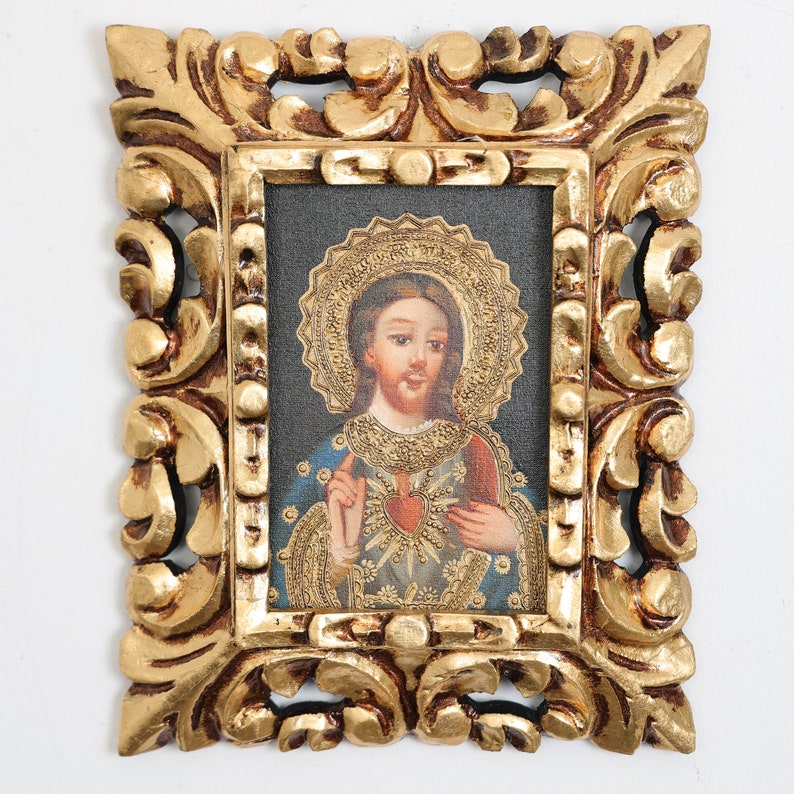 Cuzco Painting with Frame Sacred Heart of Jesus Interior decoration Cusco school Home decoration 105 image 2