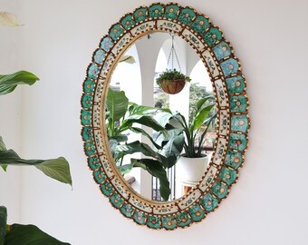 Beautiful Turquoise Mirror 70cm Oval Gold -Interior decoration - Wall mirror - Home decoration - Decorative mirrors - Peruvian Crafts