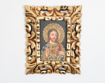 Cuzco Painting with Frame "Sacred Heart of Jesus" - Interior decoration - Cusco school - Home decoration 105