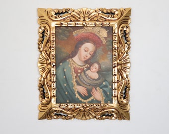 Cusco Painting with Frame "Virgin Mary with Child" - Religious Art - Interior Decoration - Cusco School - Religious Painting 635