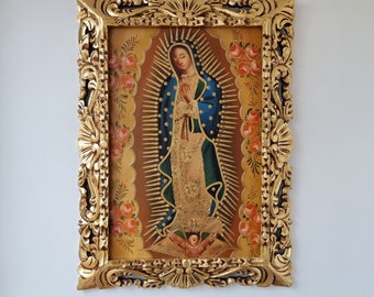 Cuzco Painting with Frame "Virgin Guadalupe"- Religious Art - Interior Decoration -Cuzco School - Religious Painting 817
