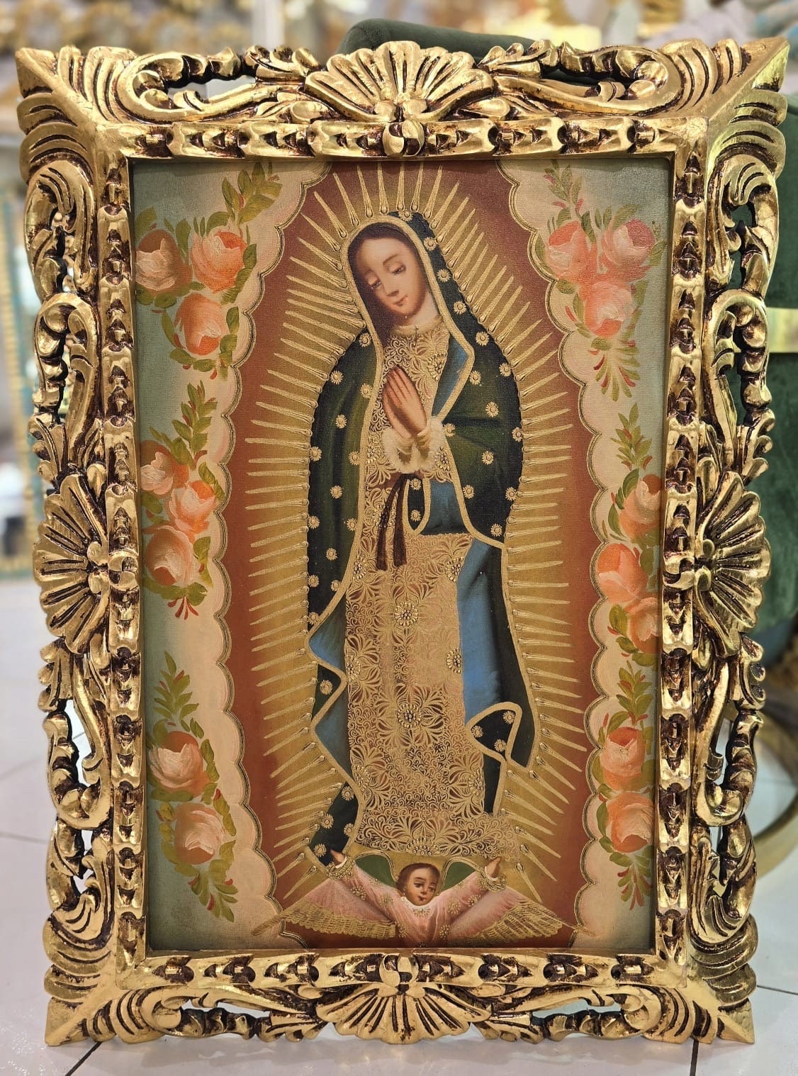 Cuzco Painting with Frame "Virgin of Guadalupe" - Religious Art - Interior Decoration - Cuzco School - Religious Painting PC050080