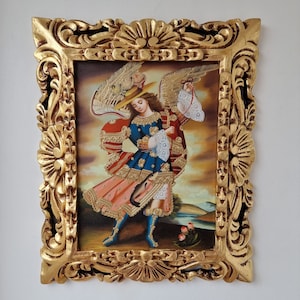 Cuzco Painting with Frame &quot;Archangel Saint Raphael&quot;- Religious art - Interior decoration - Cusco school - Religious Painting PF040169