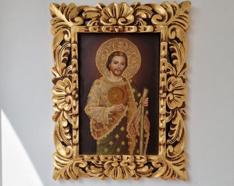 Cuzco Painting with Frame "San Judas Tadeo" - Religious Art - Interior Decoration - Cusco School - Religious Painting 434