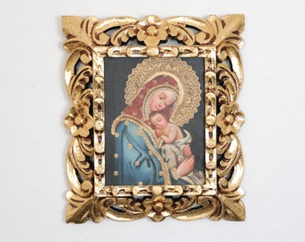 Cusco Painting with Frame "Virgin with Child" - Religious Art - Interior Decoration - Cusco School - Religious Painting 358