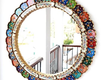 Round Multicolor and Gold Mirror 60cm – Boho Sunburst Wall Mirror – Large Handmade Peruvian Mirror – Colorful Statement Mirror