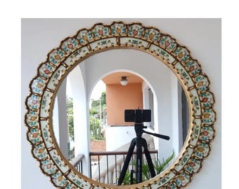 Round Ivory and Gold Mirror 30 INCH – Elegant Boho Sunburst Wall Mirror – Handmade Peruvian Mirror – Decorative Statement Mirror