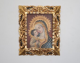 Cusco Painting with Frame "Virgin Mary with Child" - Religious Art - Interior Decoration - Cusco School - Religious Painting 642