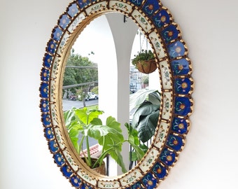 Peruvian Blue Gold Oval Mirror 70 cm Handmade Wall Decor – Carved Wood Elegant Statement Mirror for Living Room Bedroom Bathroom Entryway