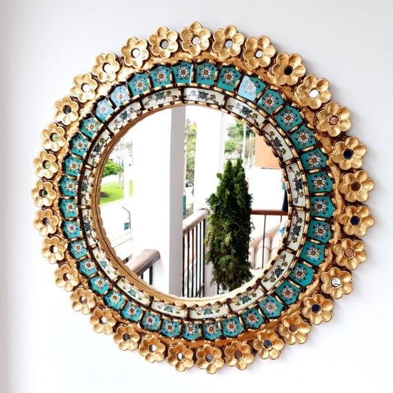 Round Floral Turquoise and Gold Mirror 60cm – Elegant Boho Wall Mirror – Handmade Peruvian Mirror – Decorative Statement Mirror