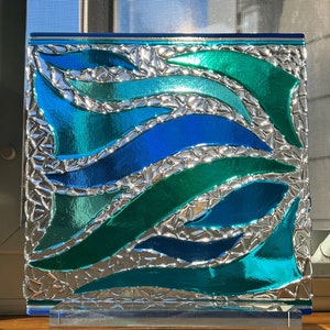 Fused Glass Art Panel – Ocean Blue Green
