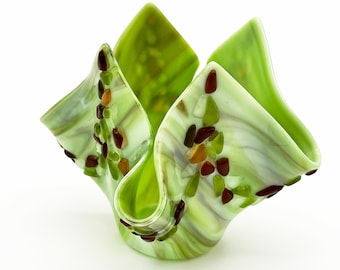 Candleholder/vase – green, amber, white and brown fused glass