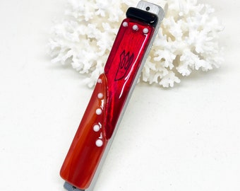 Mezuzah – red, white and black fused glass