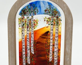 fused glass picture framed – birch trees fall color