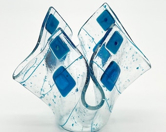 Candleholder or Vase – aqua blue and clear fused glass