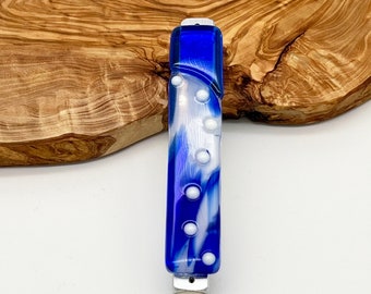 Mezuzah – blue and white fused glass and aluminum