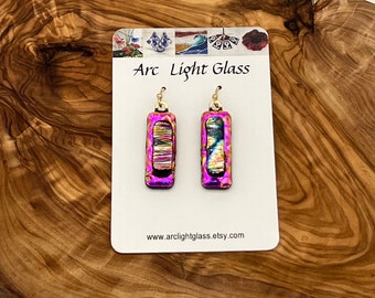 Earrings – pink, gold, blue and green dichroic fused glass