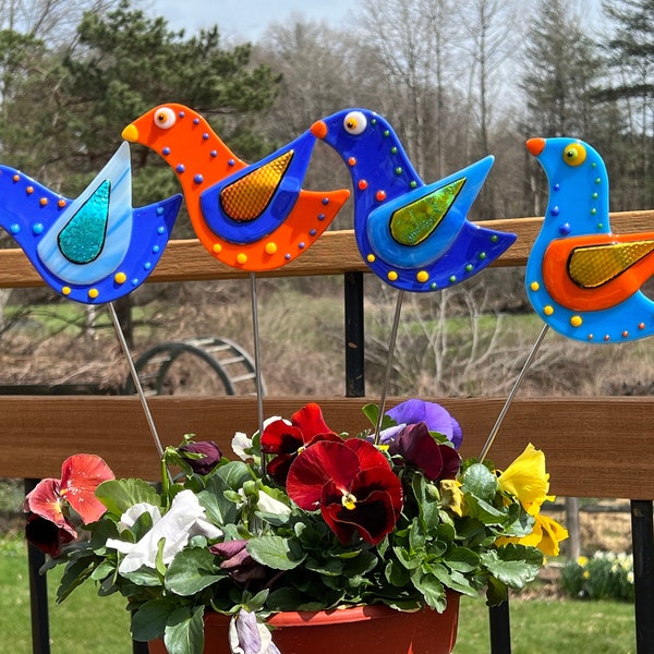 Bird garden stake – blue, orange and red fused glass