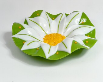 fused glass bowl – green, white & yellow flower bowl