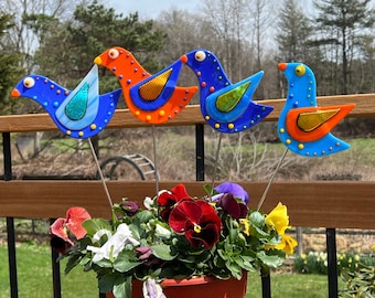 Bird garden stake – blue, orange and red fused glass