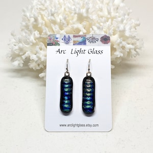 Earrings – green, blue and gold dichroic fused glass