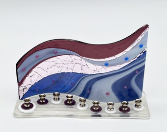 Menorah – purple, pink and white fused glass S-curve