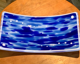 Fused Glass Plate – Blue and White Rectangular Tray