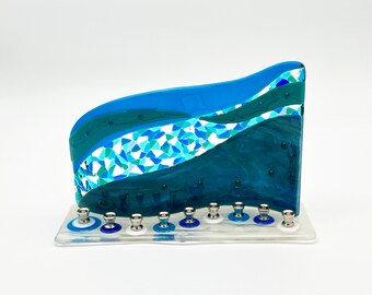 Menorah – blue, green and teal fused glass S-curve