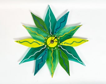 wall clock blue green fused glass flower