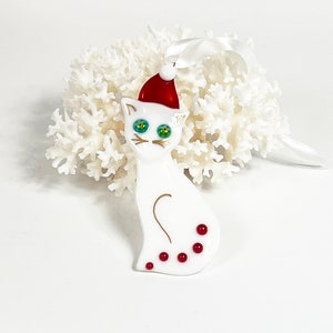 Christmas ornament – kitty cat – white and red, orange and white fused glass