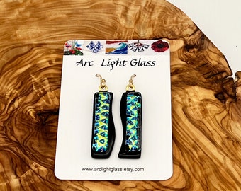 Earrings –  black, green, gold and blue asymmetrical dichroic fused glass