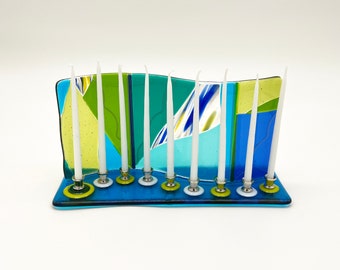 Menorah – blue, green and teal fused glass S-curve