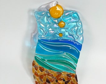 Suncatcher – beach blue green fused glass