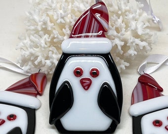 Christmas ornament – penguin black, white and red fused glass