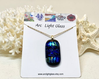 Necklace – Blue, Green and Gold  Dichroic Glass Pendant