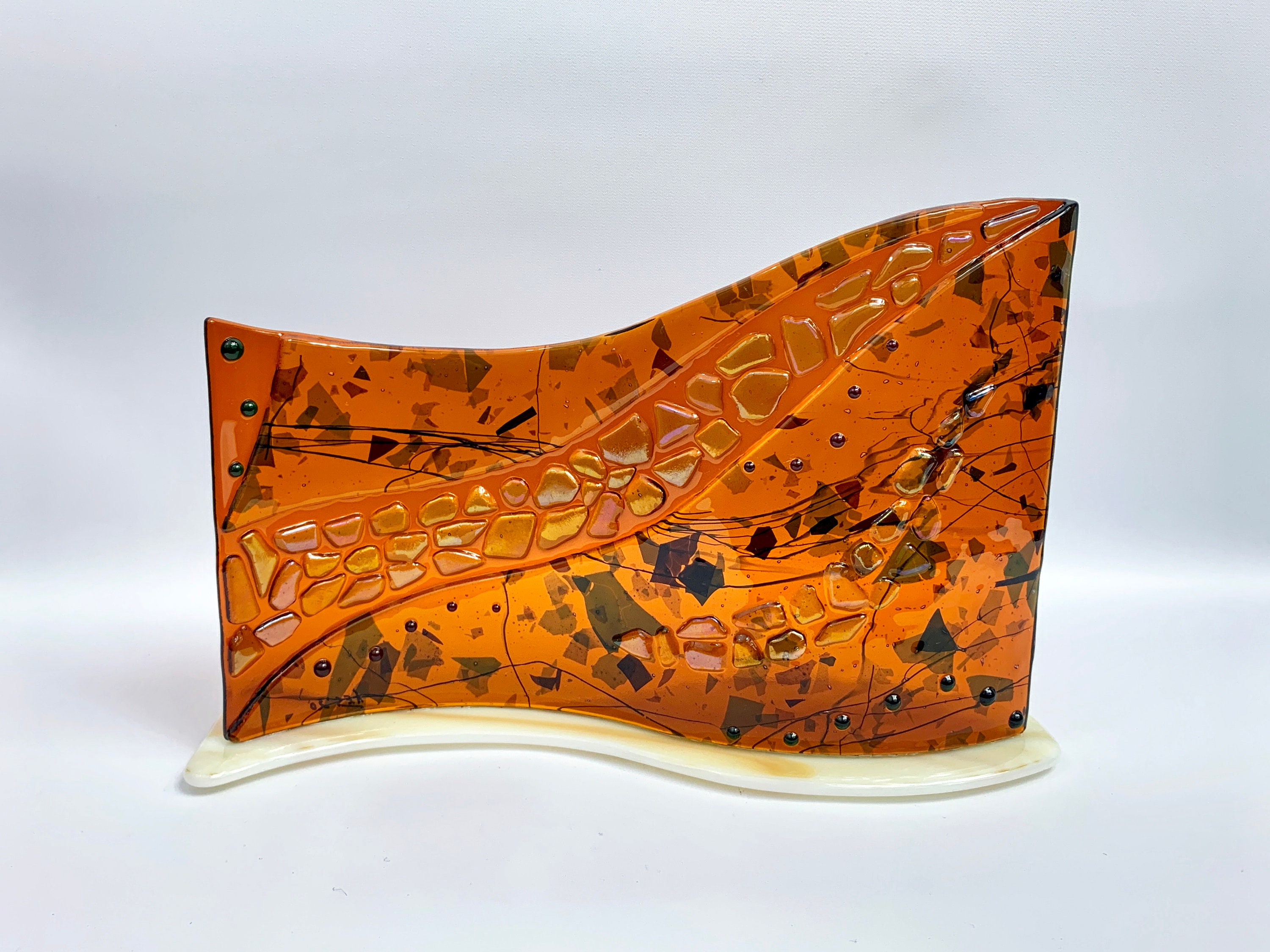 Art Panel - Amber, White and Green Fused Glass S-curve Candleholder