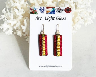 Earrings – red and gold dichroic fused glass