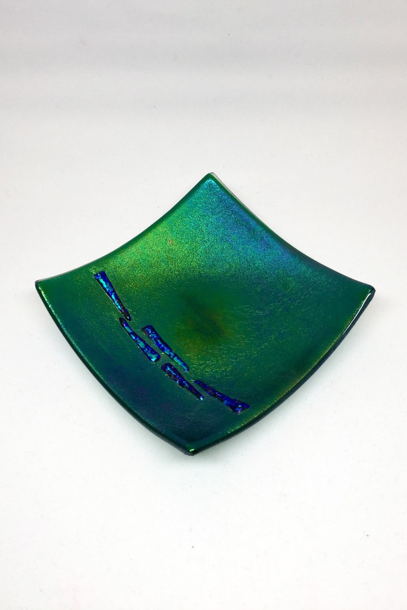 Fused Glass Plate 6 Square Green Iridescent Glass With Etsy