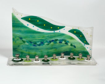 Menorah – teal green, white, and blue fused glass S-curve