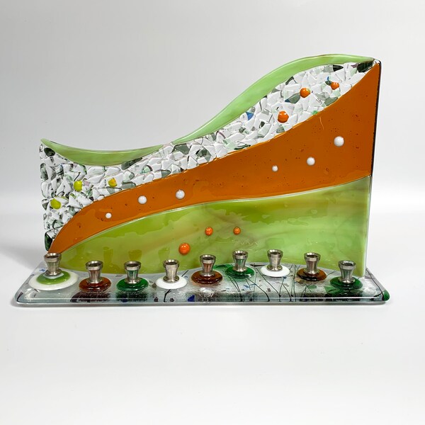 Menorah – green, amber and clear fused glass S-curve