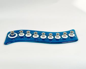 Menorah – aqua blue and white fused glass